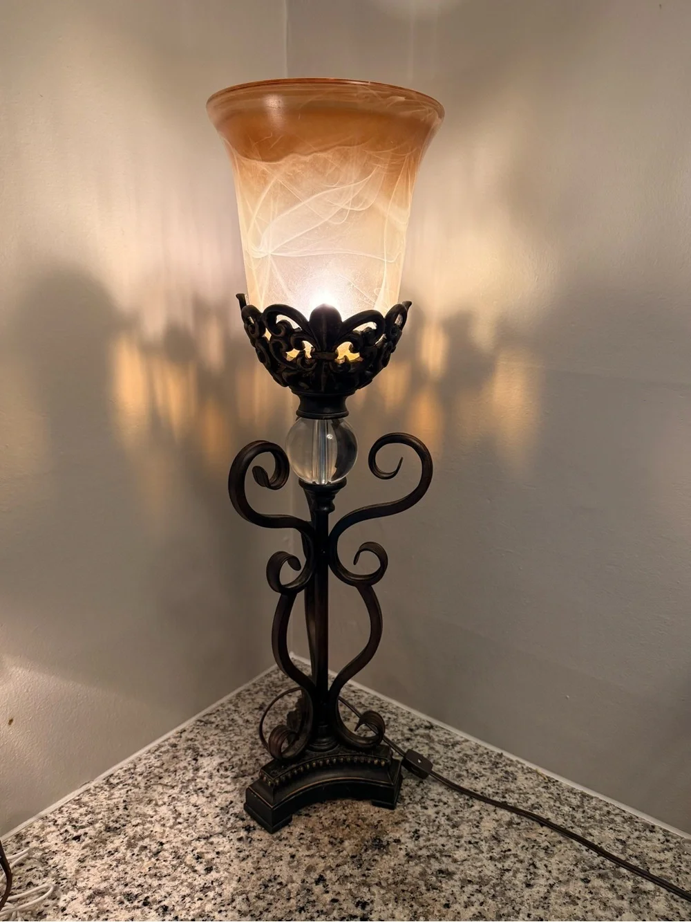Elegant Amber Glass Table Lantern with Ornate Bronze-Finish Base